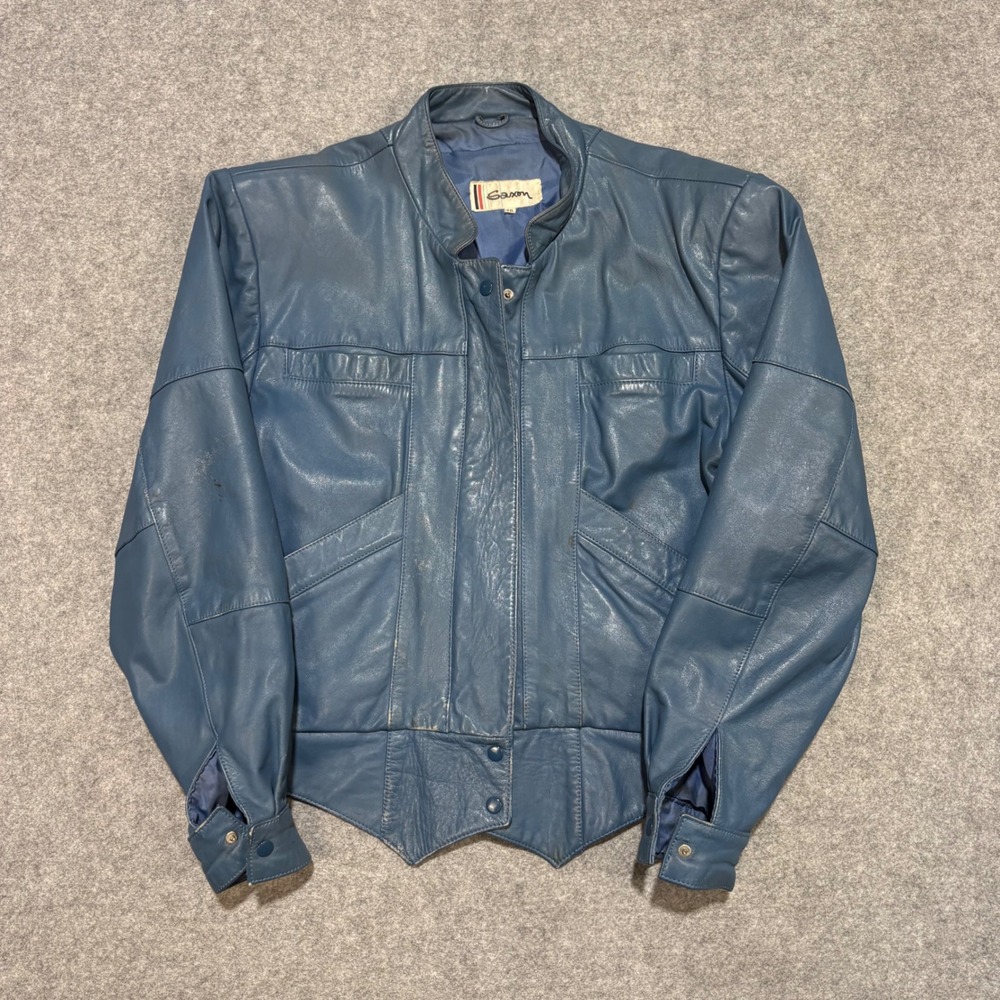 Saxon Vintage Blue Leather Jacket Pointed Hem Stand Collar Womens Size 46